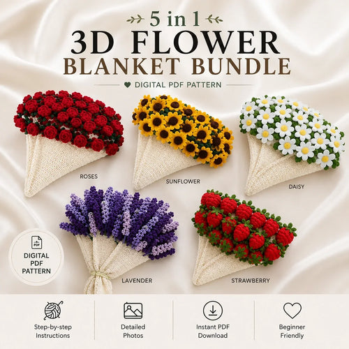 5-in-1 Crochet Blanket + Flowers + Decor Bundle