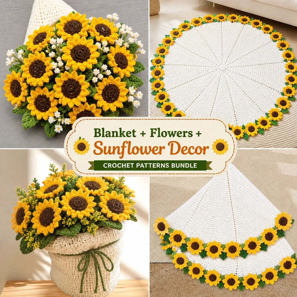 5-in-1 Crochet Blanket + Flowers + Decor Bundle