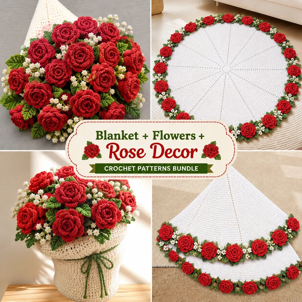5-in-1 Crochet Blanket + Flowers + Decor Bundle